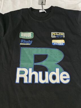 Rhude Black Tee with Green & Cream Racing Patches